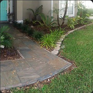 Curved flagstone path along a house with palms and ornamental grasses.